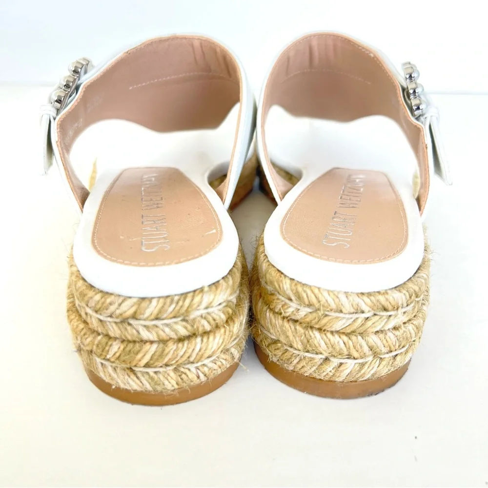 STUART WEITZMAN White Leather Pearl Buckle Thong Slip Espadrille Sandals Sz 6.5